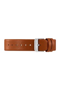 Bracelet de montre en cuir marron avec une surface texturée, boucle en métal argenté et trous d'ajustement. Il comprend une boucle pour maintenir l'extrémité en place.