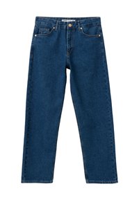 Jeans de mezclilla azul con un diseño de pierna recta, cinco bolsillos y cierre de botón metálico, con costuras visibles y una textura suave.