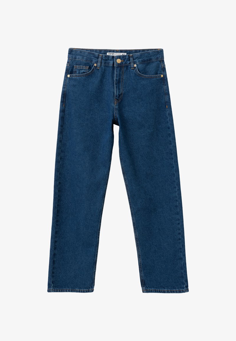 Jeans de mezclilla azul con un diseño de pierna recta, cinco bolsillos y cierre de botón metálico, con costuras visibles y una textura suave.