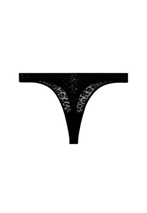 Schwarze Spitzenstringunterwäsche mit einem Leopardenmuster auf der Vorderseite. Mit glatten Kanten und einem minimalen Schnitt.