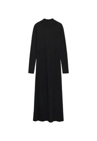 Abito lungo nero con collo alto, maniche lunghe e spacco frontale. Realizzato in tessuto morbido con un design semplice e privo di decorazioni.