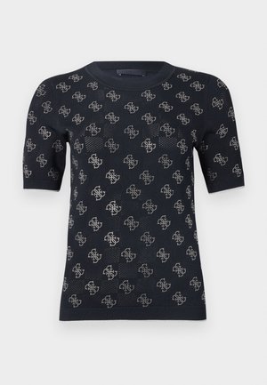 Black short-sleeve sweater featuring a textured knit design with repeating silver logo patterns. Crew neck and fitted silhouette.