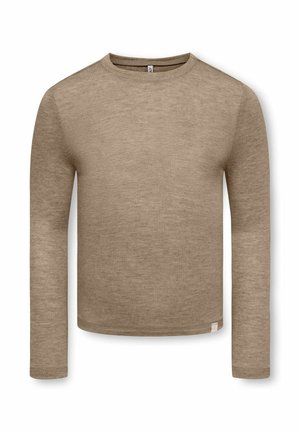 Pull beige à manches longues avec col rond, coupe ajustée et petite étiquette en tissu près de l'ourlet inférieur côté gauche.