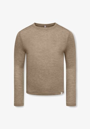 Pull beige à manches longues avec col rond, coupe ajustée et petite étiquette en tissu près de l'ourlet inférieur côté gauche.