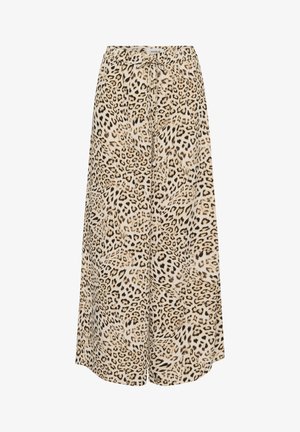 Hlače s leopard uzorkom širokih nogavica u bež i smešnim nijansama, izrađene od mekog materijala s elastičnom trakom u struku za udobnost.