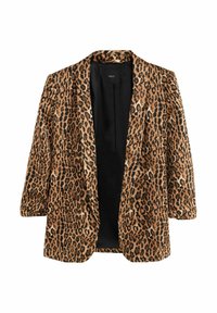 Blazer imprimé léopard, en tissu doux, avec un col châle, une ouverture sur le devant et des manches trois-quarts. Doublure noire, coupe ample.