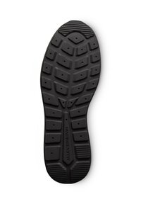 Suola di scarpa in gomma nera con un design testurizzato e a motivo, caratterizzata da ganci di trazione angolari e una scanalatura centrale per flessibilità.