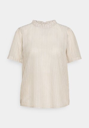 Beige short-sleeve top with a ruffled neckline, featuring vertical white stripes and a relaxed fit. Made of a smooth, lightweight fabric.