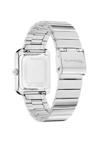 Silberner Edelstahlarmbanduhr mit quadratischem Zifferblatt, verlinktem Armband und polierter Oberfläche. Verfügt über einen glatten Verschluss und gravierte Markenzeichen am Armband.