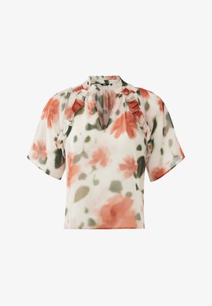 Blusa floreale a maniche corte in tessuto trasparente; presenta una scollatura arricciata e fiori rosa-arancioni su sfondo bianco con accenti verdi.