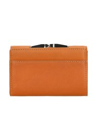 Skórzany portfel w kolorze pomarańczowym, z gładką teksturą, eleganckim designem i srebrnymi akcesoriami. Posiada wiele miejsc na karty z tyłu.