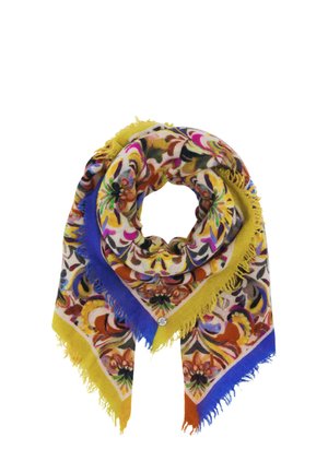 Colorful floral patterned scarf with yellow, blue, and orange fringed edges, arranged in a loop on a white background.