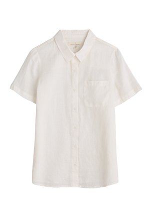 Short-sleeve, button-up shirt made of lightweight, cream-colored linen. Features a single chest pocket and a classic collar design.