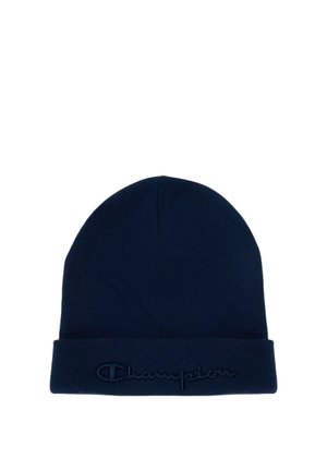 Cappello a maglia blu scuro con risvolto ricamato con la parola Champion in filo blu abbinato.
