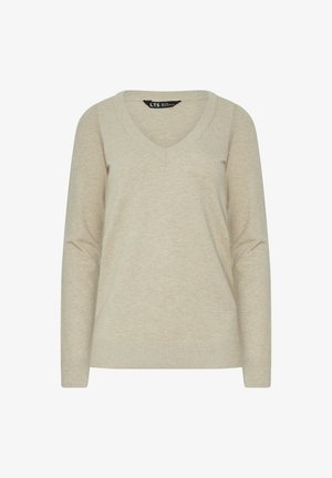 Beige V-hals trui gemaakt van zacht materiaal, met lange mouwen en een fijne geribbelde textuur bij de manchetten en de zoom. Minimalistisch ontwerp.