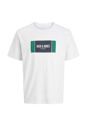 Weißes Baumwoll-T-Shirt mit einem rechteckigen blauen und grünen Logo-Design mit dem Text "JACK & JONES" auf der Vorderseite. Kurzärmlig, Rundhalsausschnitt.