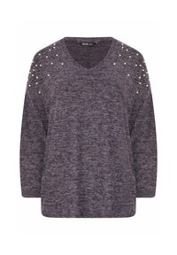 Maglione a maniche lunghe con scollo a V di colore viola scuro, caratterizzato da un tessuto testurizzato e decorato con dettagli in perle sulle spalle.