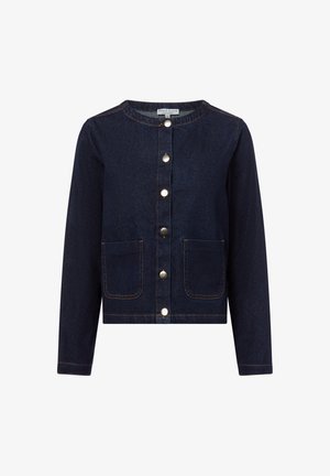 Ciemnoniebieska kurtka dżinsowa z okrągłym dekoltem, długimi rękawami, zapinana na guziki z przodu, z dwiema przednimi kieszeniami i kontrastowymi szwami.