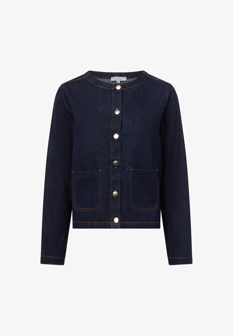 Ciemnoniebieska kurtka dżinsowa z okrągłym dekoltem, długimi rękawami, zapinana na guziki z przodu, z dwiema przednimi kieszeniami i kontrastowymi szwami.