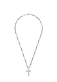 Collana in argento con un semplice ciondolo a croce lucido appeso al centro, caratterizzata da un design a catena classica e una superficie liscia.