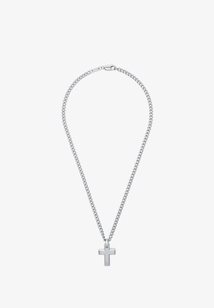 Collar de cadena de plata con un sencillo colgante de cruz pulida en el centro, con un diseño de eslabones clásico y textura suave.