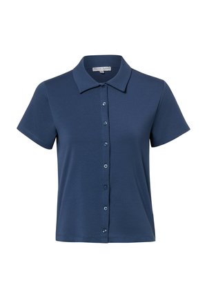 Navy blue short-sleeve button-up shirt with a pointed collar, made of soft fabric, designed for casual wear.