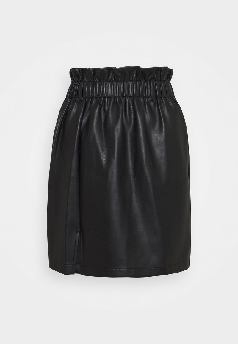 Black leather skirt with gathered waistband, smooth texture, and side slit detail, offering a fitted silhouette and casual design.
