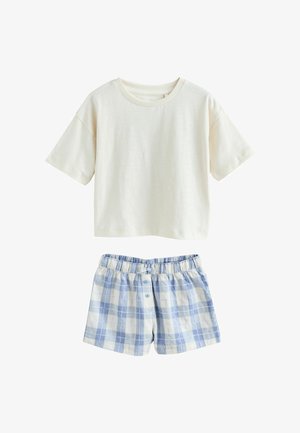 Katoenen top met korte mouwen in crèmekleur, gecombineerd met blauw-wit geruite katoenen shorts met een elastische tailleband en knoopaccenten.