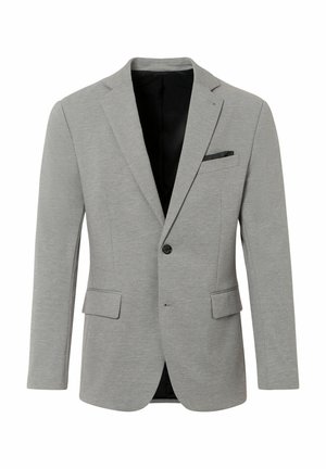Grijze blazer van lichtgewicht stof, met een enkele knoopsluiting, schuin ingesneden revers en een zwarte pochet als accent.