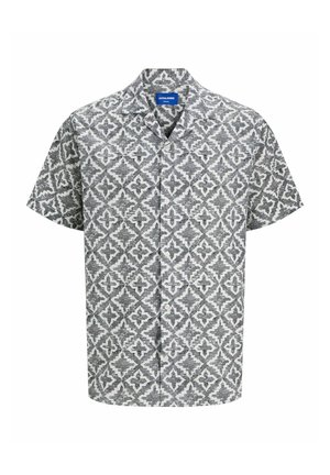 Korte mouwen shirt in zwart en wit, met een geometrisch patroon van diamantvormen. Voorzien van knoopsluiting en met een kraag.