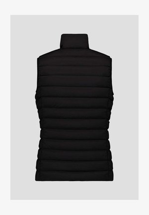 Gilet imbottito nero con collo alto, design trapuntato e senza marche visibili, con silhouette aderente e texture liscia.