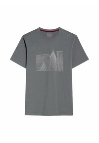 Szara bawełniana koszulka z krótkim rękawem i okrągłym dekoltem. Na przodzie znajduje się biały grafika przedstawiająca abstrakcyjne budynki.