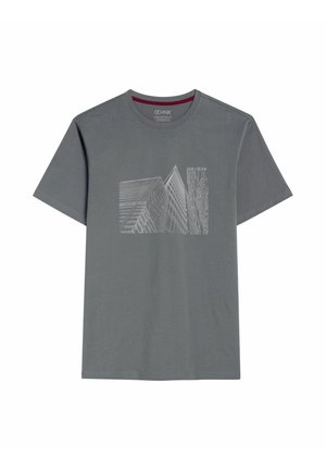 Szara bawełniana koszulka z krótkim rękawem i okrągłym dekoltem. Na przodzie znajduje się biały grafika przedstawiająca abstrakcyjne budynki.