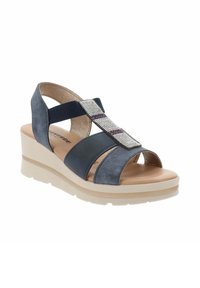 Sandali con zeppa blu in suede, con punta aperta, ampi cinturini elastici e un design accentuato da strass; suola intermedia beige testurizzata e suola in gomma.