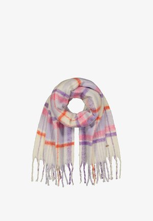 Multi-colored plaid scarf in soft, fuzzy material. Features purple, orange, and red stripes on a cream background. Fringed ends.