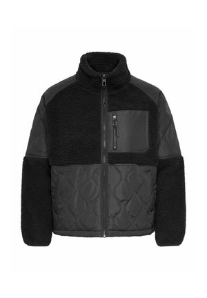 Veste noire en polaire et matelassée avec col montant, fermeture éclair intégrale à l’avant et poche poitrine zippée.