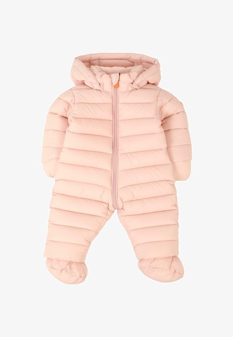 Różowy, puchowy kombinezon zimowy z kapturem, pikowaną fakturą, zamek błyskawiczny z przodu oraz elastycznymi mankietami z wbudowanymi bucikami.