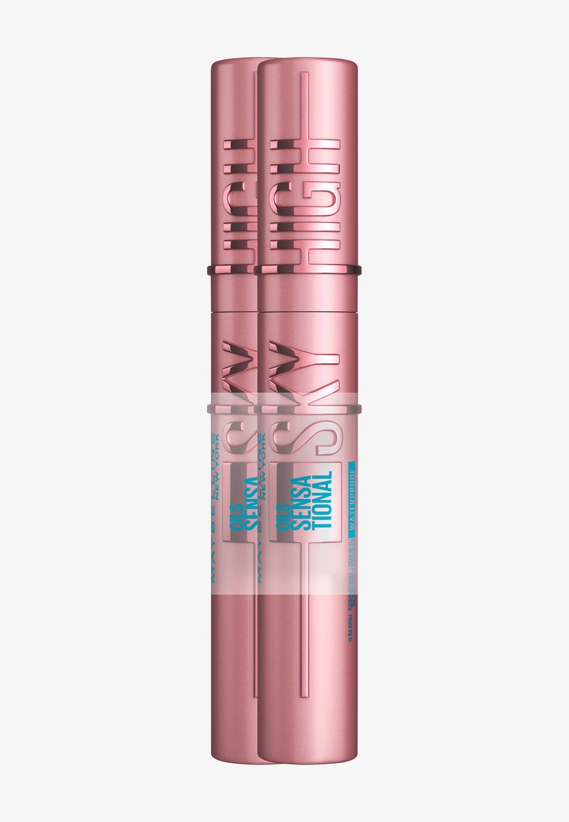 Two cylindrical mascara tubes in a shiny rose gold finish, featuring textured branding in bold letters and aqua blue accents.