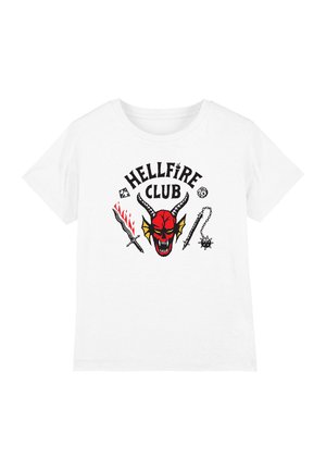 White cotton t-shirt featuring a colorful graphic design. Includes a red devil head, swords, and text "HELLFIRE CLUB" in black.