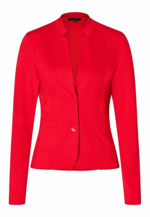 Red blazer with a fitted design, single-button closure, notch collar, and two front pockets. Made from a smooth, textured fabric.
