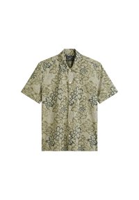 Korte mouw knoopshirt in lichtgroen met een donker bloemmotief. Heeft een klassieke kraag en een ontspannen pasvorm. Gemaakt van lichte stof.