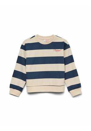Pulover z širokimi vodoravnimi mornarsko modrimi in krem barvnimi črtami, z okroglim izrezom, rebrastimi manšetami in robom ter majhnim rdečim napisom "Midnight" na levi strani prsnega koša.