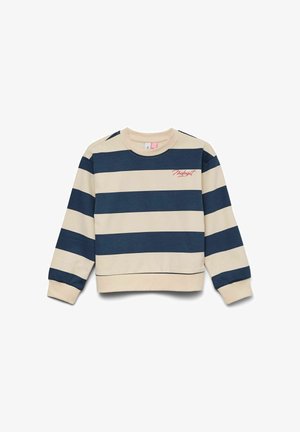 Felpa con ampie strisce orizzontali blu navy e crema, scollo rotondo, polsini e orlo a coste, con piccola scritta rossa "Midnight" sul petto a sinistra.