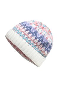 Cappello invernale lavorato a maglia con risvolto bianco a coste e una corona a motivo multicolore pastello in rosa, blu, viola e bianco.