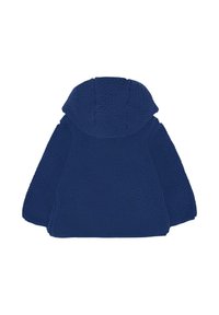 Giacca in pile con cappuccio di colore blu navy per bambini, di dimensioni per bambini, mostrata di spalle su uno sfondo bianco.