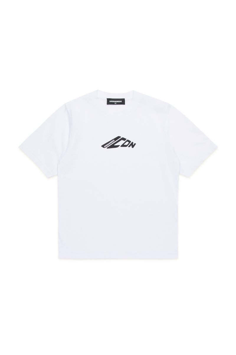 T-shirt in cotone bianco con un logo nero al centro. Maniche corte e scollatura rotonda. Tessuto liscio e vestibilità rilassata.