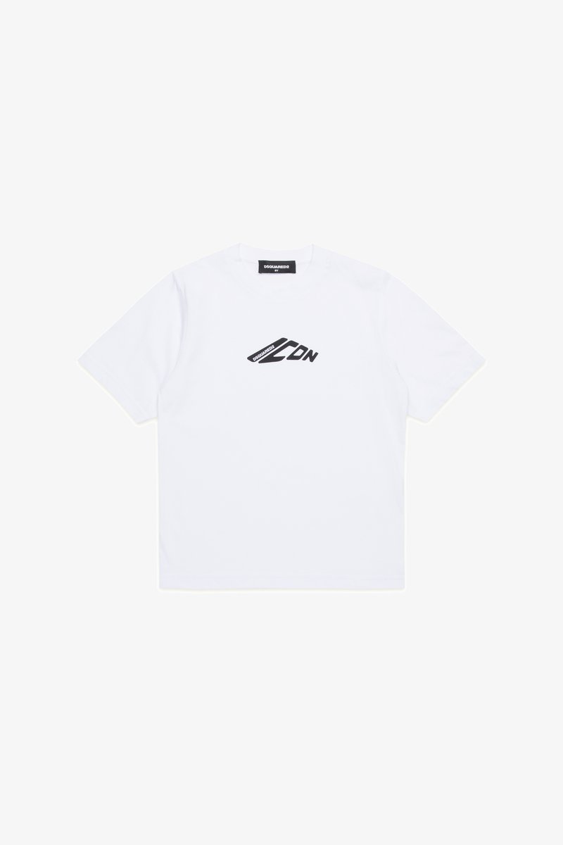 T-shirt in cotone bianco con un logo nero al centro. Maniche corte e scollatura rotonda. Tessuto liscio e vestibilità rilassata.