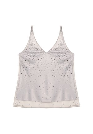 Light gray satin tank top with a v-neck, adorned with scattered silver embellishments and thin straps, smooth texture, and a sheer hem.