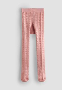 Rozā adītas zeķes ar pīts dizainu, ar ribotiem malām un teksturētu apdari, piemērotas dažādiem apģērbiem.