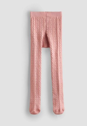 Roosa koondatud sukkpüksid, millel on kaablidisain, ribidega mansetid ja tekstureeritud viimistlus, sobivad erinevate riietuste jaoks.